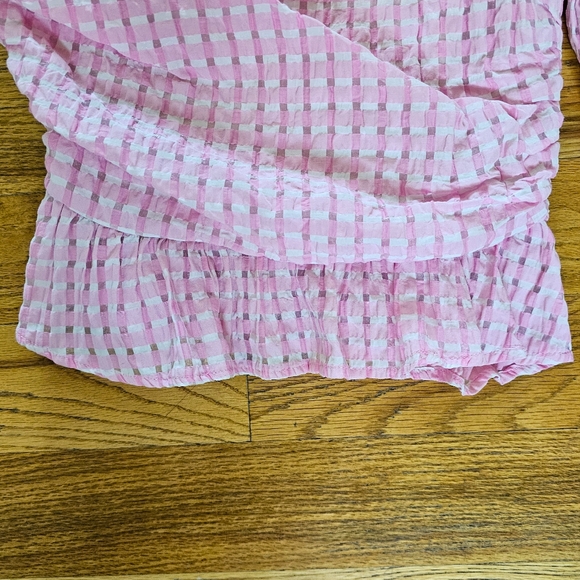 Entro Size S Gingham Blouse Pink Checked Top One Shoulder Long Sleeve Ruffle Hem - Picture 4 of 6